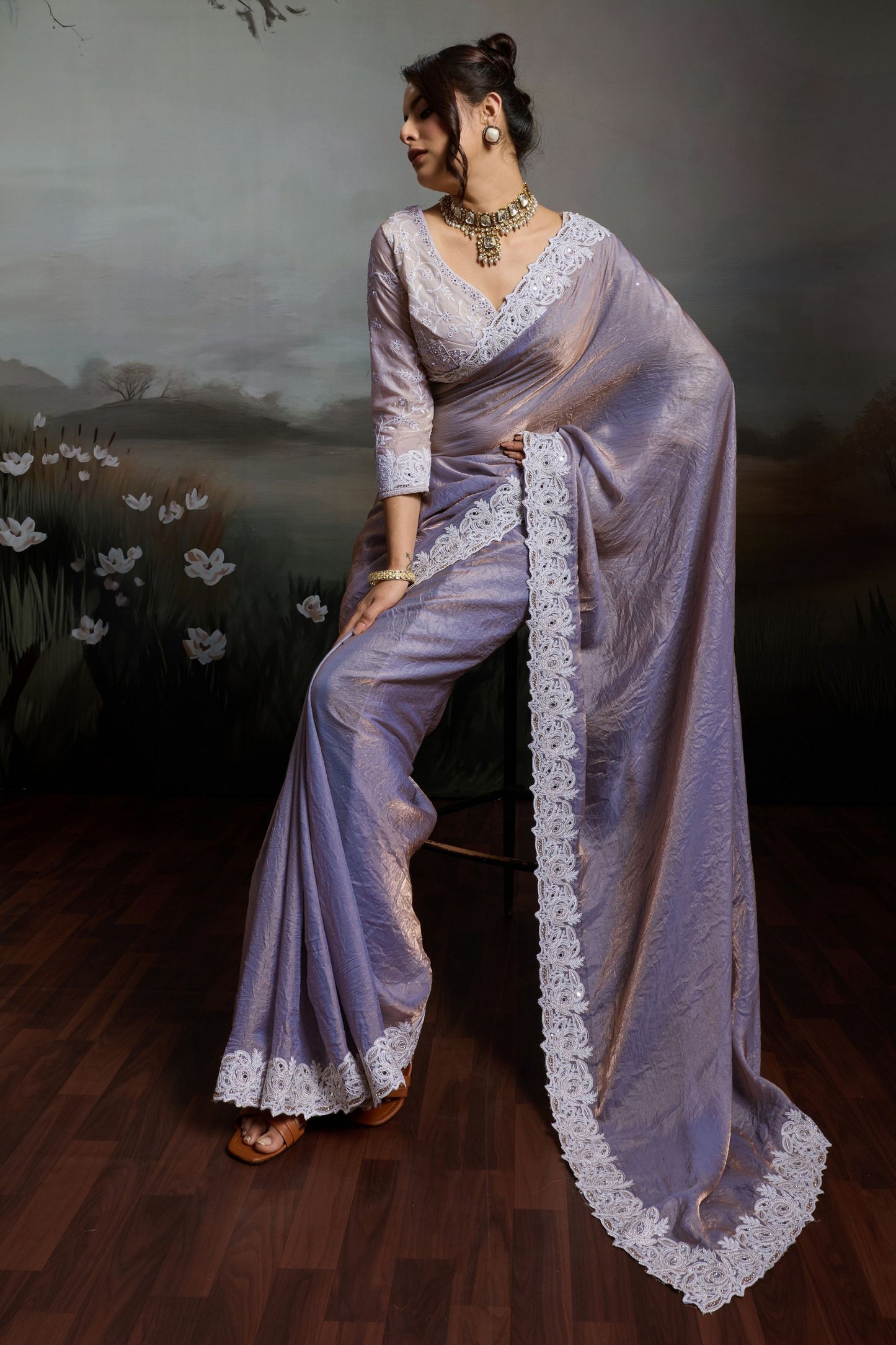 Designer Lavender Silk Saree with Floral Lace Border Party  Wear