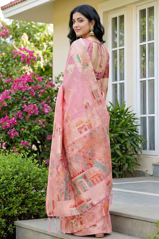 Peach Pink Banarasi Silk Saree with Rich Woven Zari Pallu