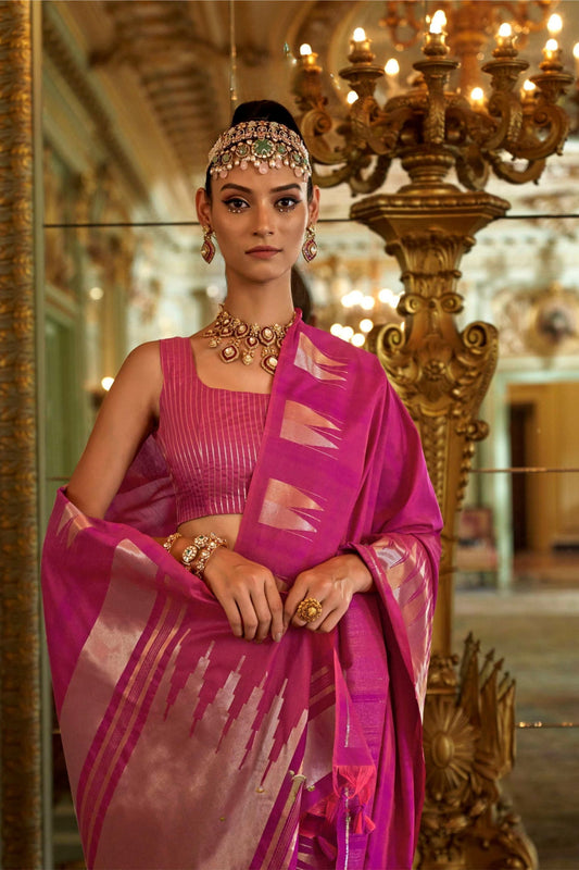 Pink Silk Saree with Metallic Silver Zari Work Festive Wear Saree