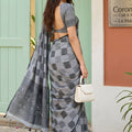 Charcoal Grey Checked Cotton Saree Woven Border and Designer Pallu