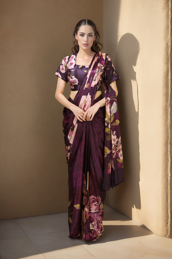 Purple Satin Floral Printed Saree with Matching Blouse Party Wear