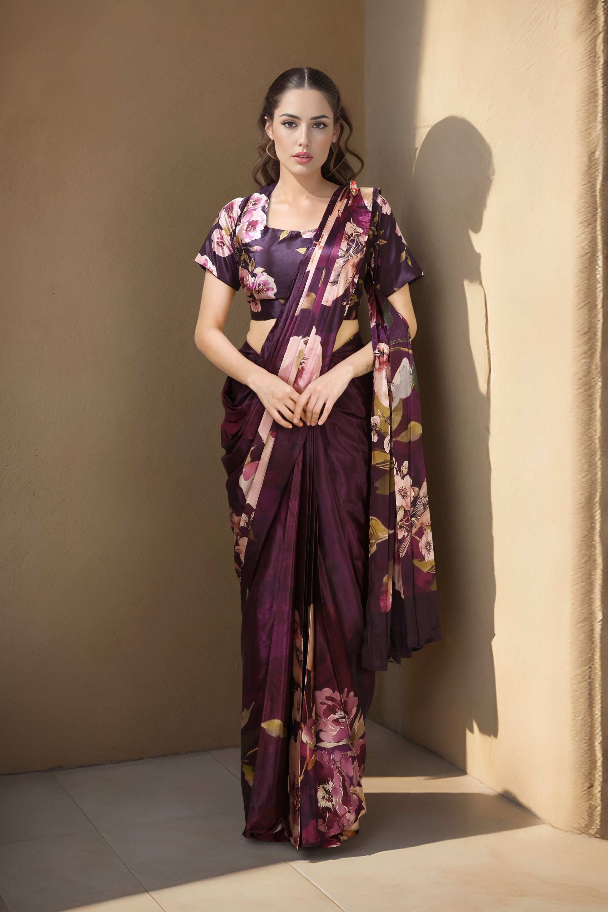Purple Satin Floral Printed Saree with Matching Blouse Party Wear