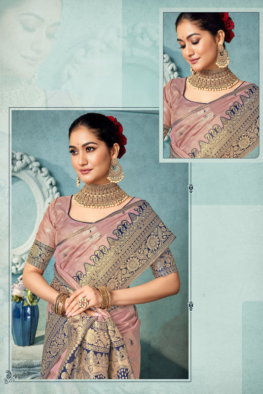 Dusty Pink Banarasi Silk Saree with Rich Traditional Border