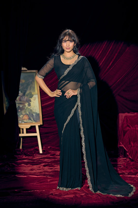 Black Georgette Saree with Embroidered Border Designer Saree