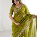 Olive Green Silk Saree Floral Embroidered Border Designer Blouse