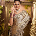 Golden Satin Silk Embroidered Saree Heavy Border Saree