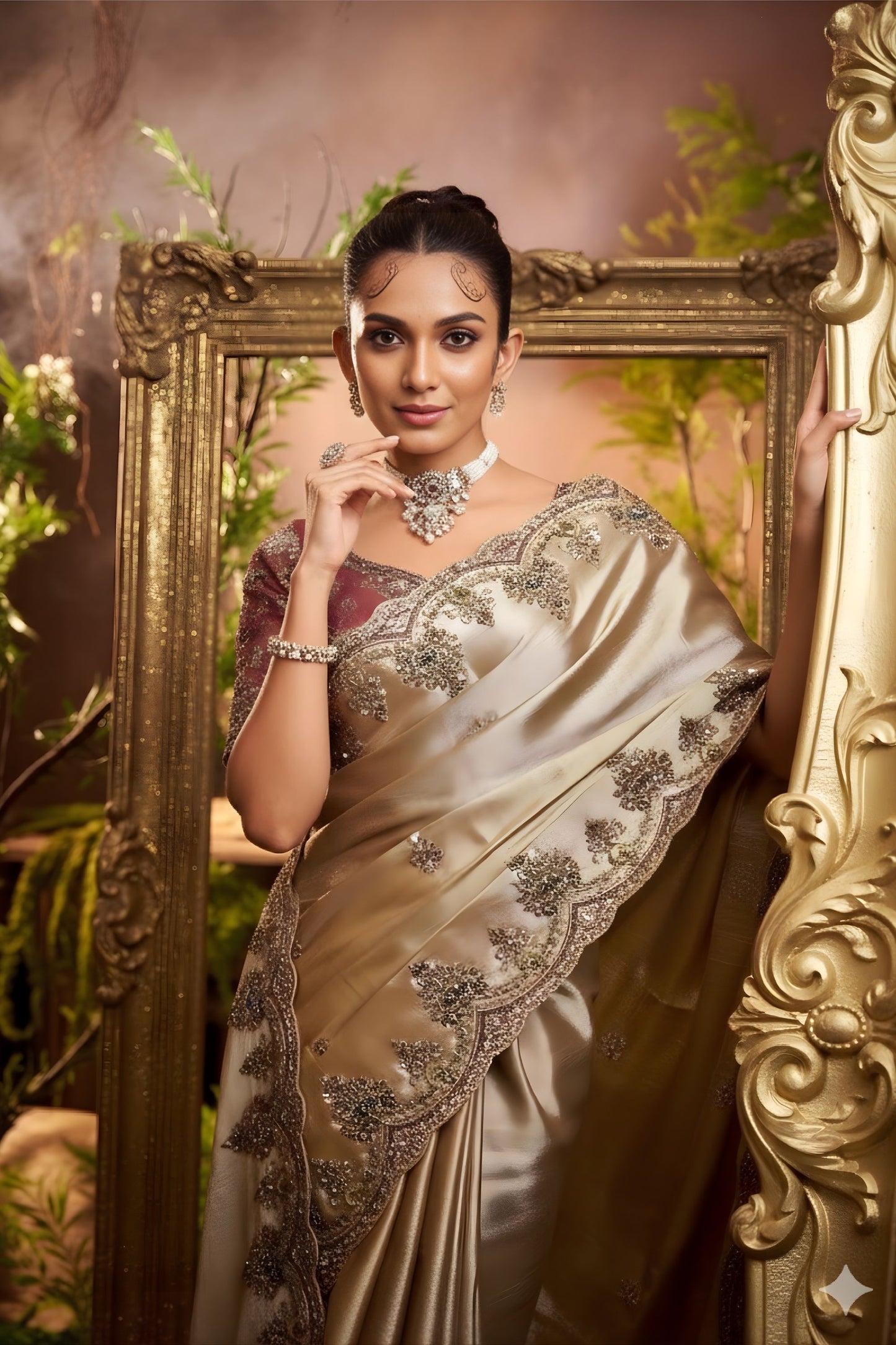 Golden Satin Silk Embroidered Saree Heavy Border Saree