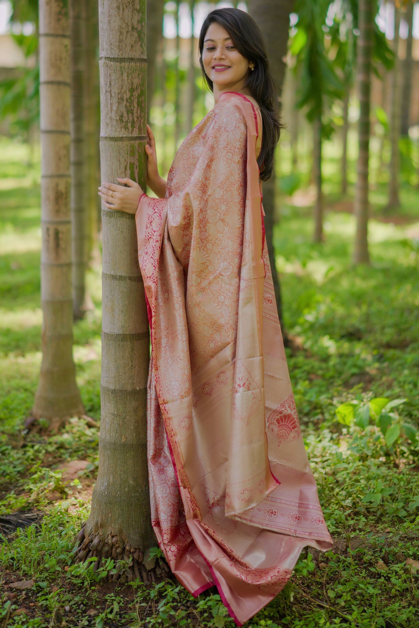 Rose Gold Banarasi Silk Saree Rich Zari Weaving Contrast Pink Border