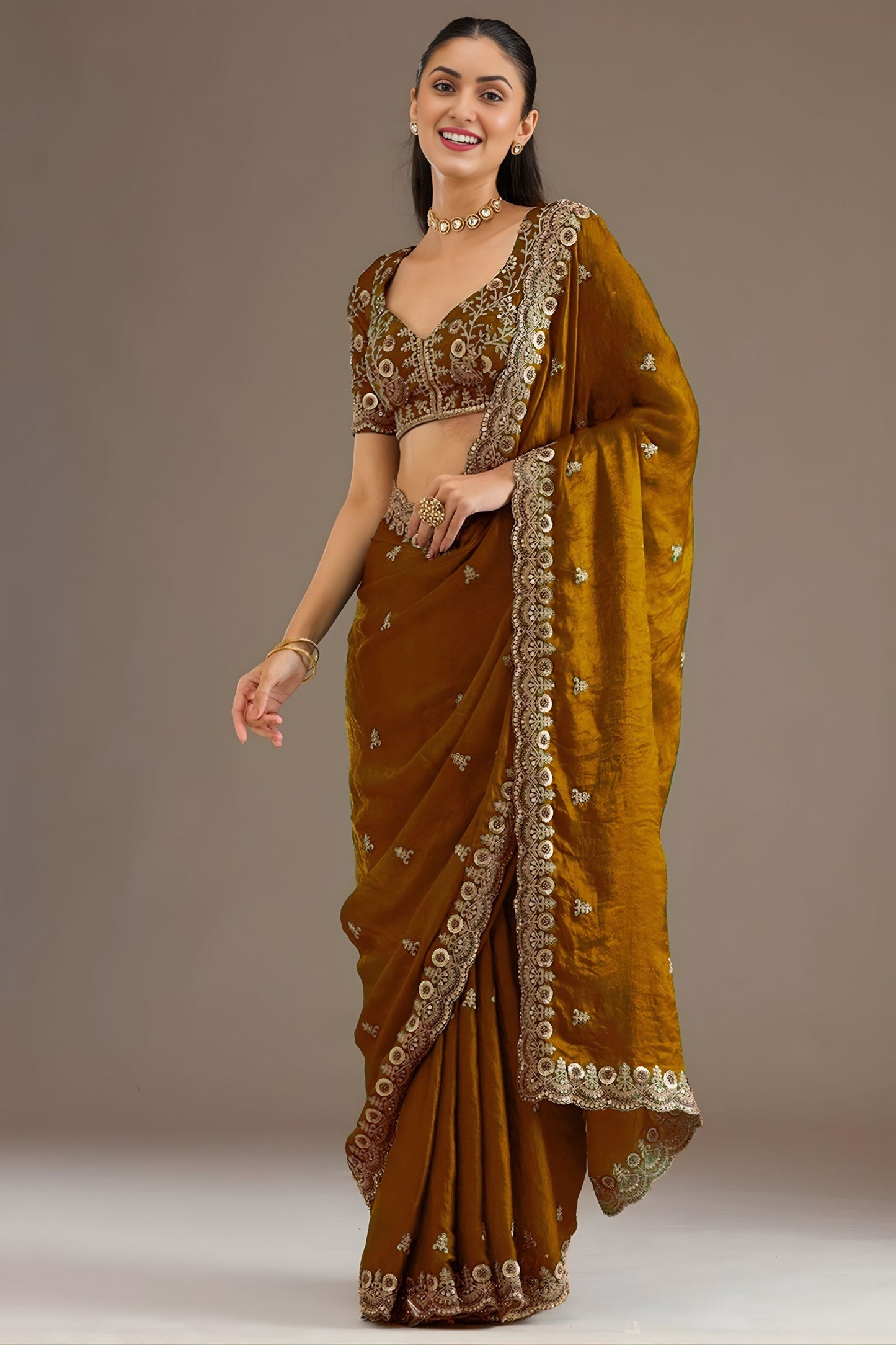 Brown Silk Saree with Heavy Embroidered Border Designer Blouse