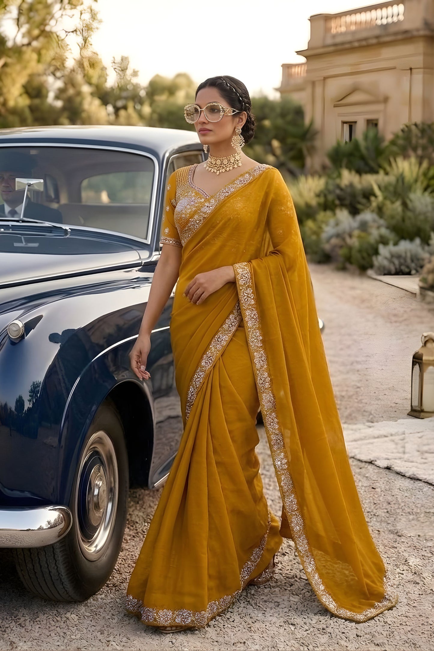 Mustard Yellow Georgette Saree Stone Embroidered Border Designer Blouse