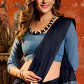 Navy Blue Dual Tone Silk Saree Contrast Grey Pallu Minimal Design