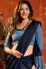 Navy Blue Dual Tone Silk Saree Contrast Grey Pallu Minimal Design