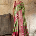 Green Banarasi Silk Saree Pink Zari Border Floral Weaving Saree