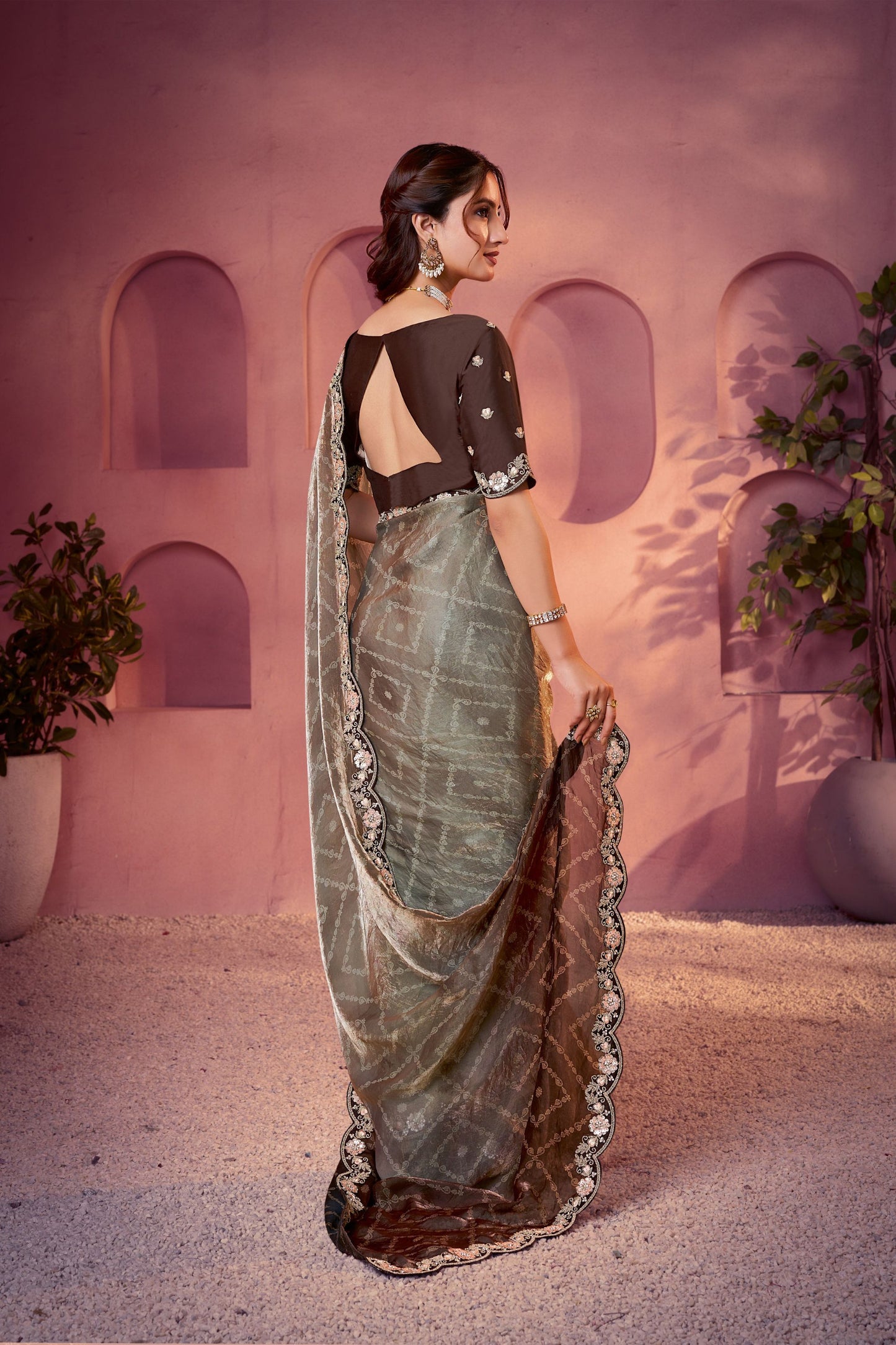 Designer Grey Silk Bandhani Printed Saree Embroidered Stone Work Border