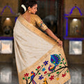 Off White Cotton Silk Saree Golden Border Peacock Floral Designer Pallu