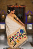 Off White Cotton Silk Saree Golden Border Peacock Floral Designer Pallu