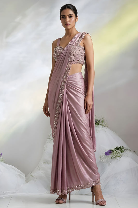 Dusty Pink Ready to Wear Designer Saree Sequins Embroidered Blouse