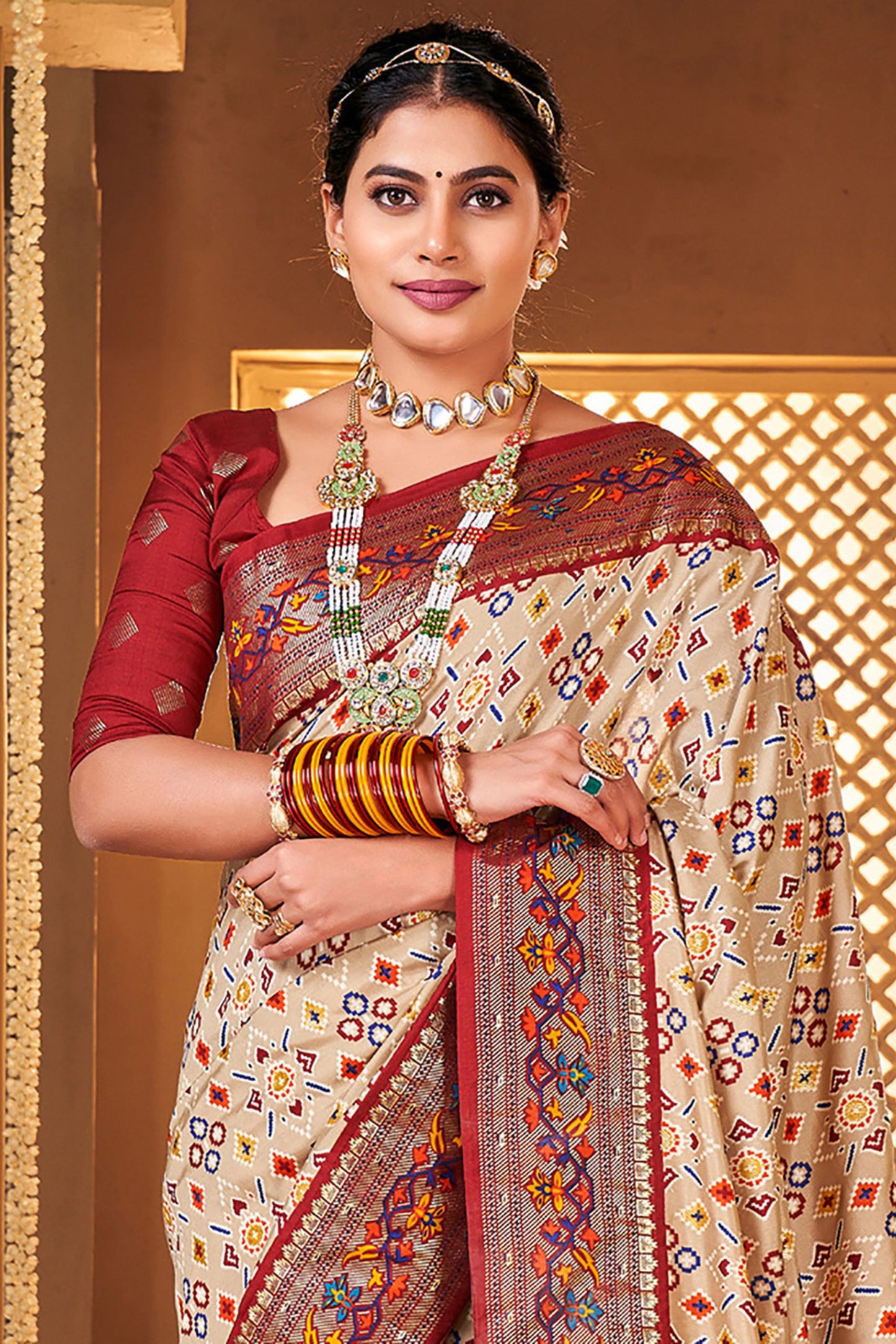 Elegant Cream and Maroon Patola Silk with Traditional Print Saree