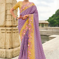 Lavender Purple Embroidered Organza Silk Saree Designer Floral Border