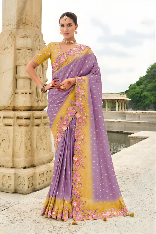 Lavender Purple Embroidered Organza Silk Saree Designer Floral Border