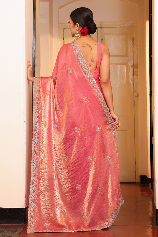 Designer Pink Silk Saree with Embroidered Border Matching Blouse