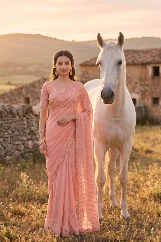 Peach Embroidered Saree with Designer Border and Blouse 