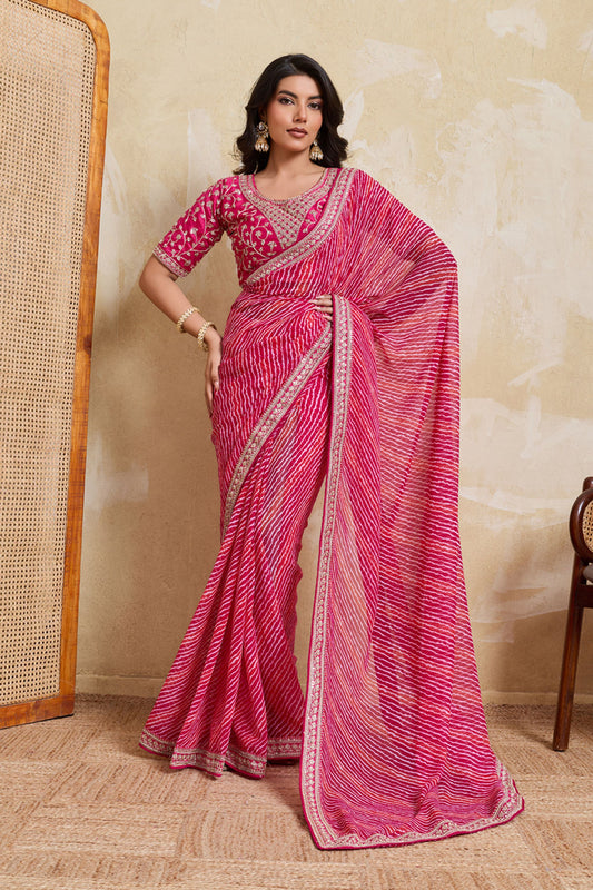 Pink Georgette Saree with Golden Embroidered Border Designer Blouse