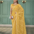 Designer Yellow Net Embroidered Saree with Matching Blouse for Wedding Festive Wear