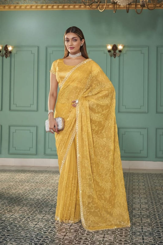 Designer Yellow Net Embroidered Saree with Matching Blouse for Wedding Festive Wear