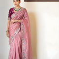 Pink Embroidered Satin Silk Saree with Designer Floral Border
