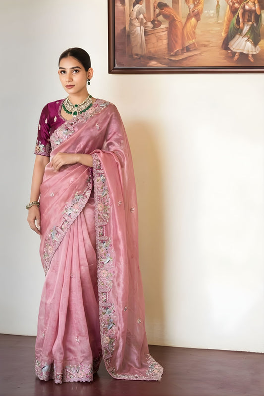 Pink Embroidered Satin Silk Saree with Designer Floral Border