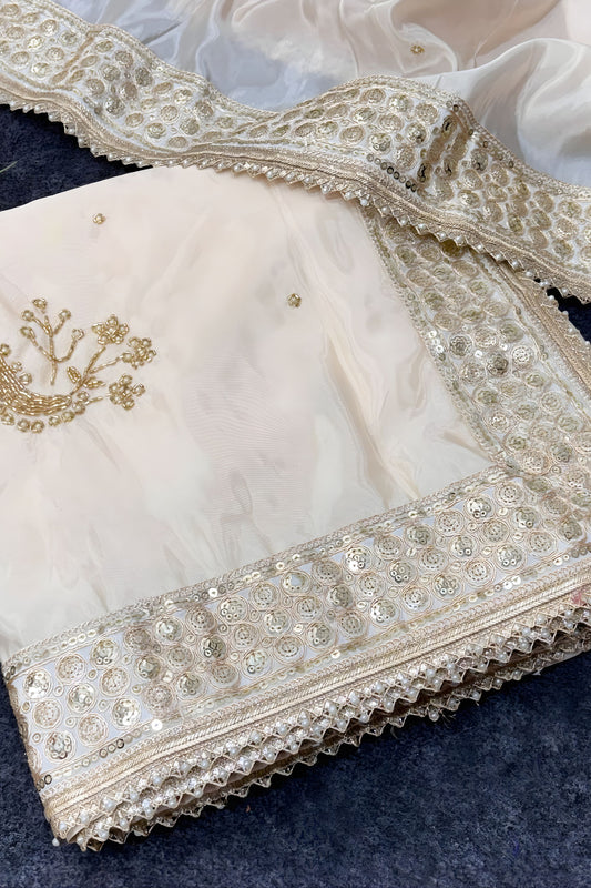 Off White Organza Silk Saree Heavy Golden Embroidered Border Sequins Work