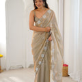 Elegant Beige Designer Embroidered Saree with Silver Floral Work Party Wear