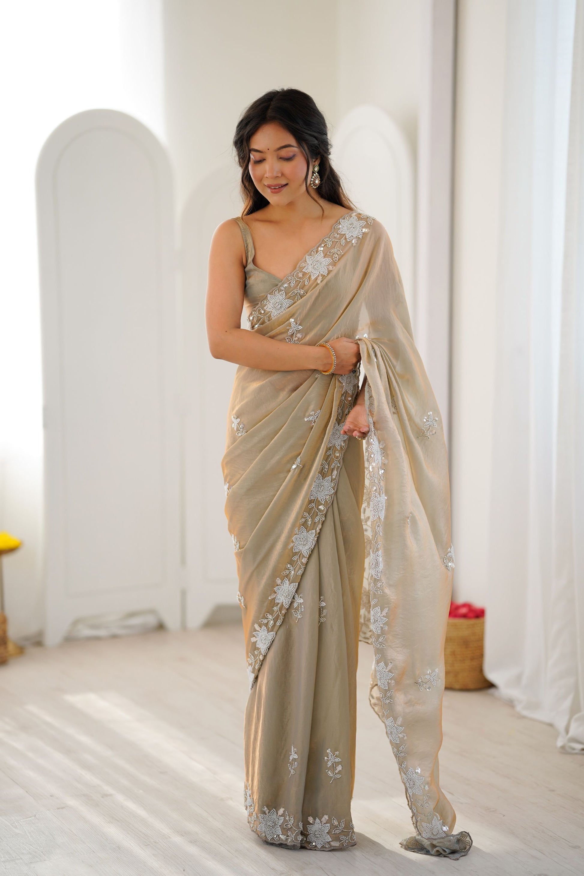 Elegant Beige Designer Embroidered Saree with Silver Floral Work Party Wear