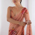 Peach Floral Printed Georgette Saree with Sequins Border Spaghetti Blouse