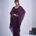 Wine Purple Organza Silk Saree Floral Embroidery Designer Blouse
