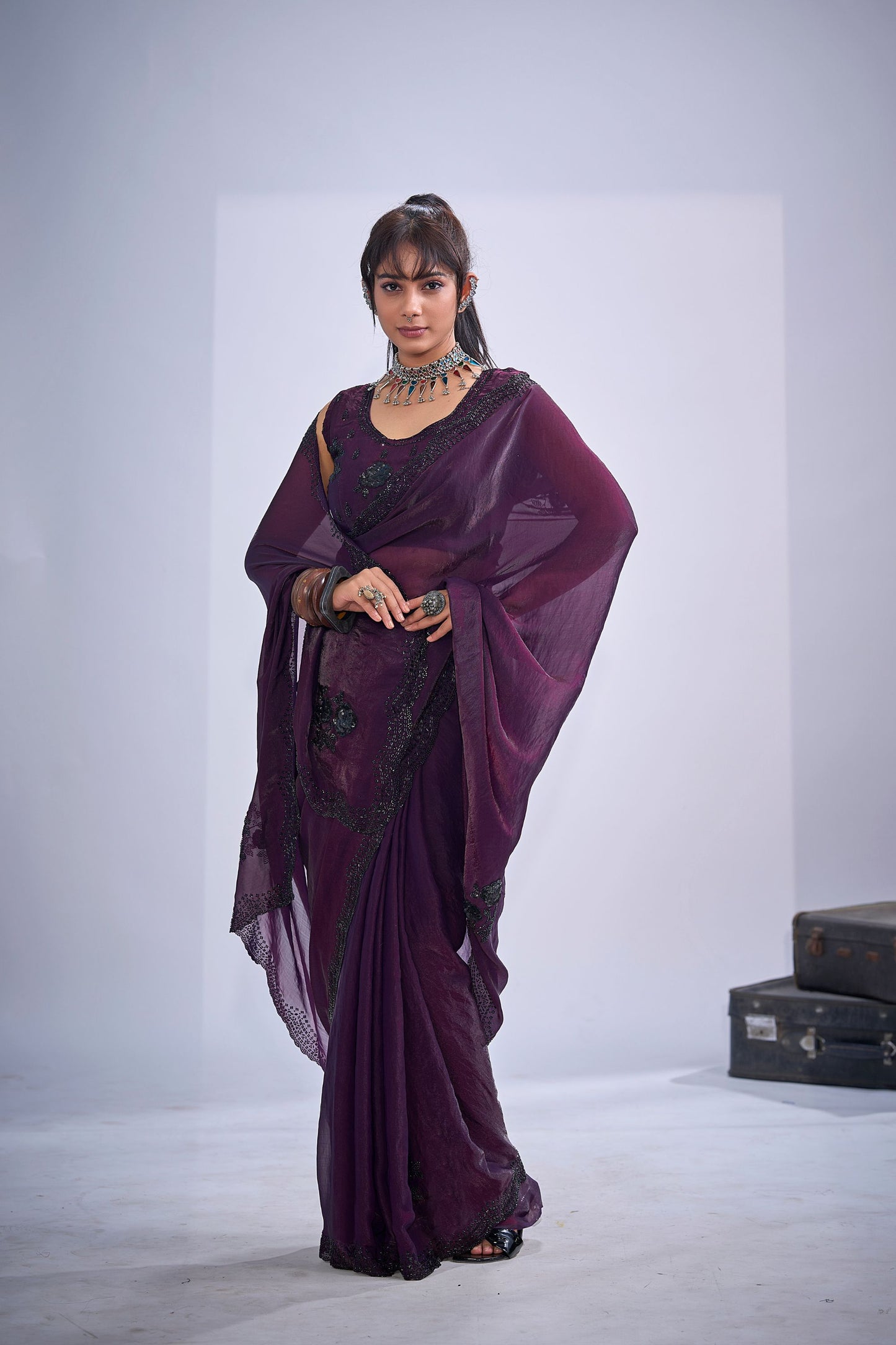 Wine Purple Organza Silk Saree Floral Embroidery Designer Blouse