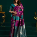 Luxury Purple Soft Silk Saree with Teal Contrast Border 