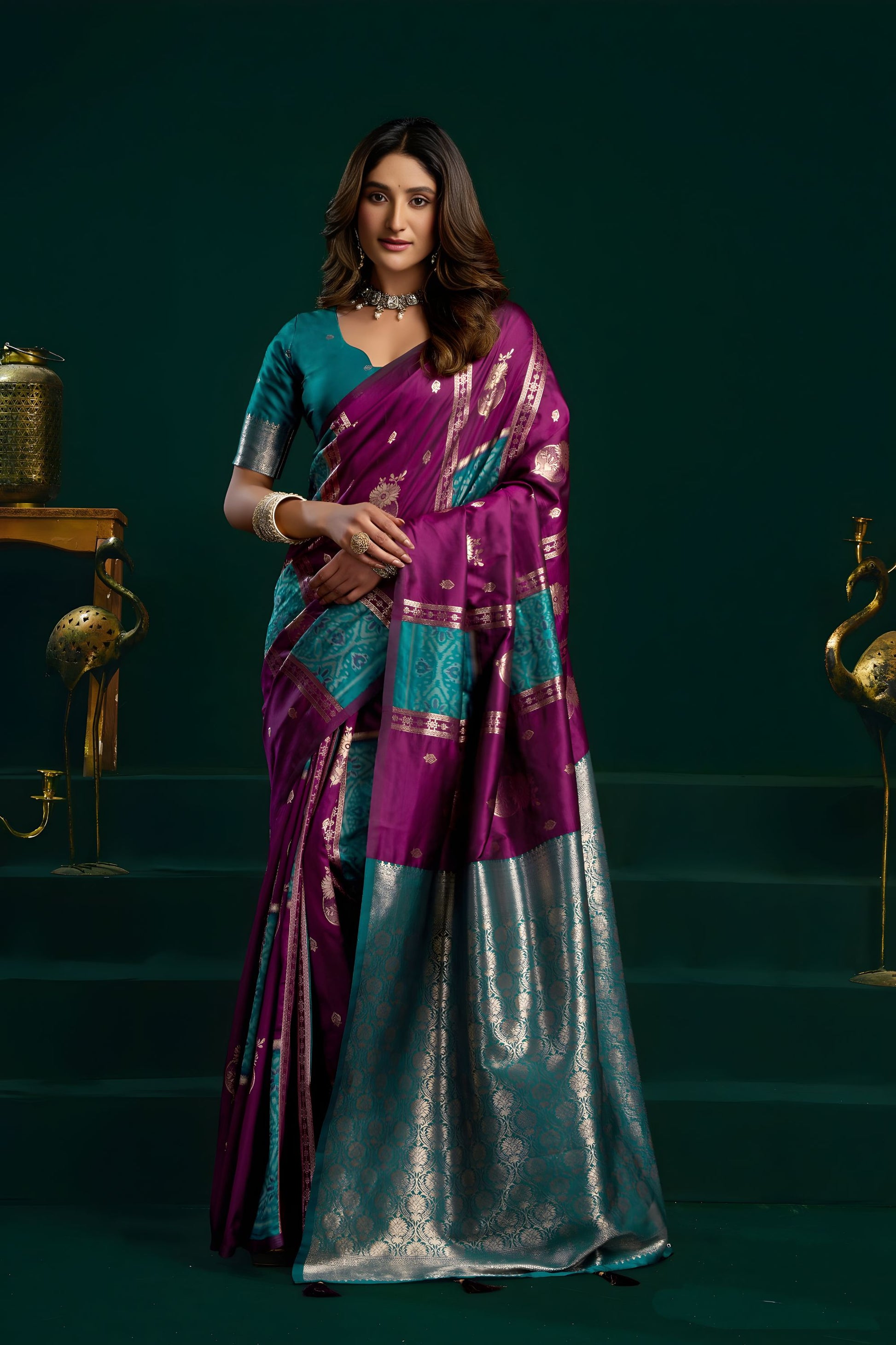 Luxury Purple Soft Silk Saree with Teal Contrast Border 