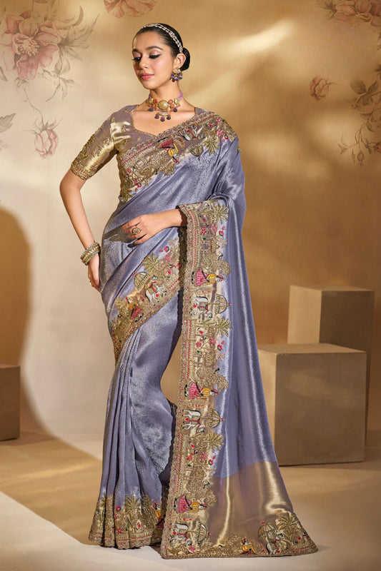 Blue Embroidered Silk Saree Traditional Festive Wear