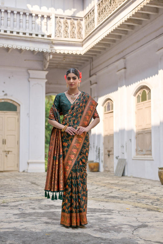 Dark Green Traditional Silk Saree with Rich Paisley Border