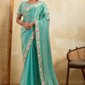 Aqua Green Silk Saree Floral Embroidered Border Designer Blouse 