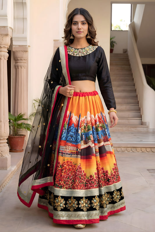 Designer Black Art Silk Digital Printed Lehenga Choli with Soft Net Dupatta