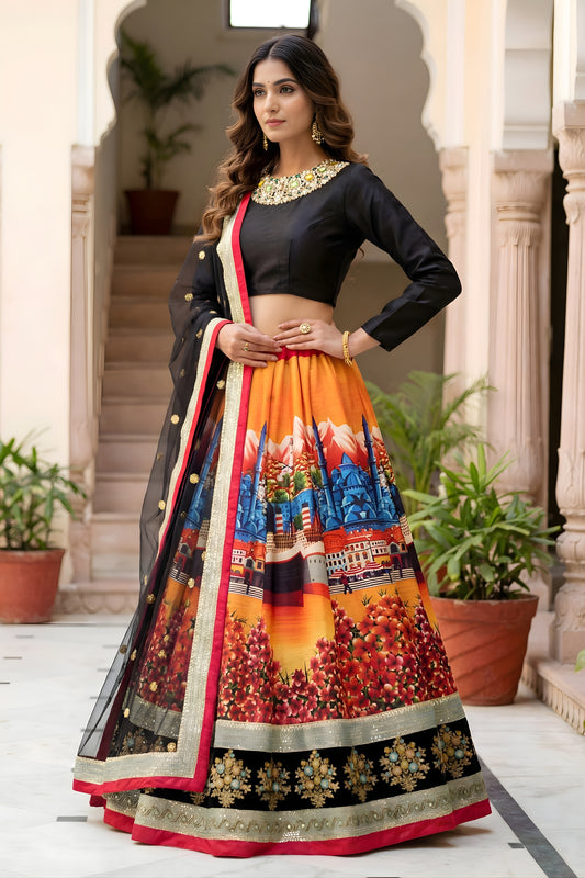 Designer Black Art Silk Digital Printed Lehenga Choli with Soft Net Dupatta