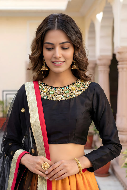 Designer Black Art Silk Digital Printed Lehenga Choli with Soft Net Dupatta