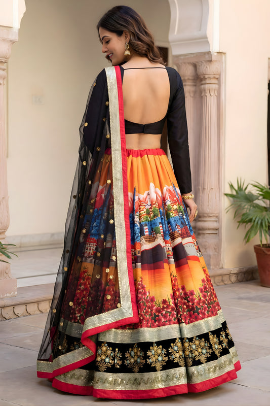 Designer Black Art Silk Digital Printed Lehenga Choli with Soft Net Dupatta