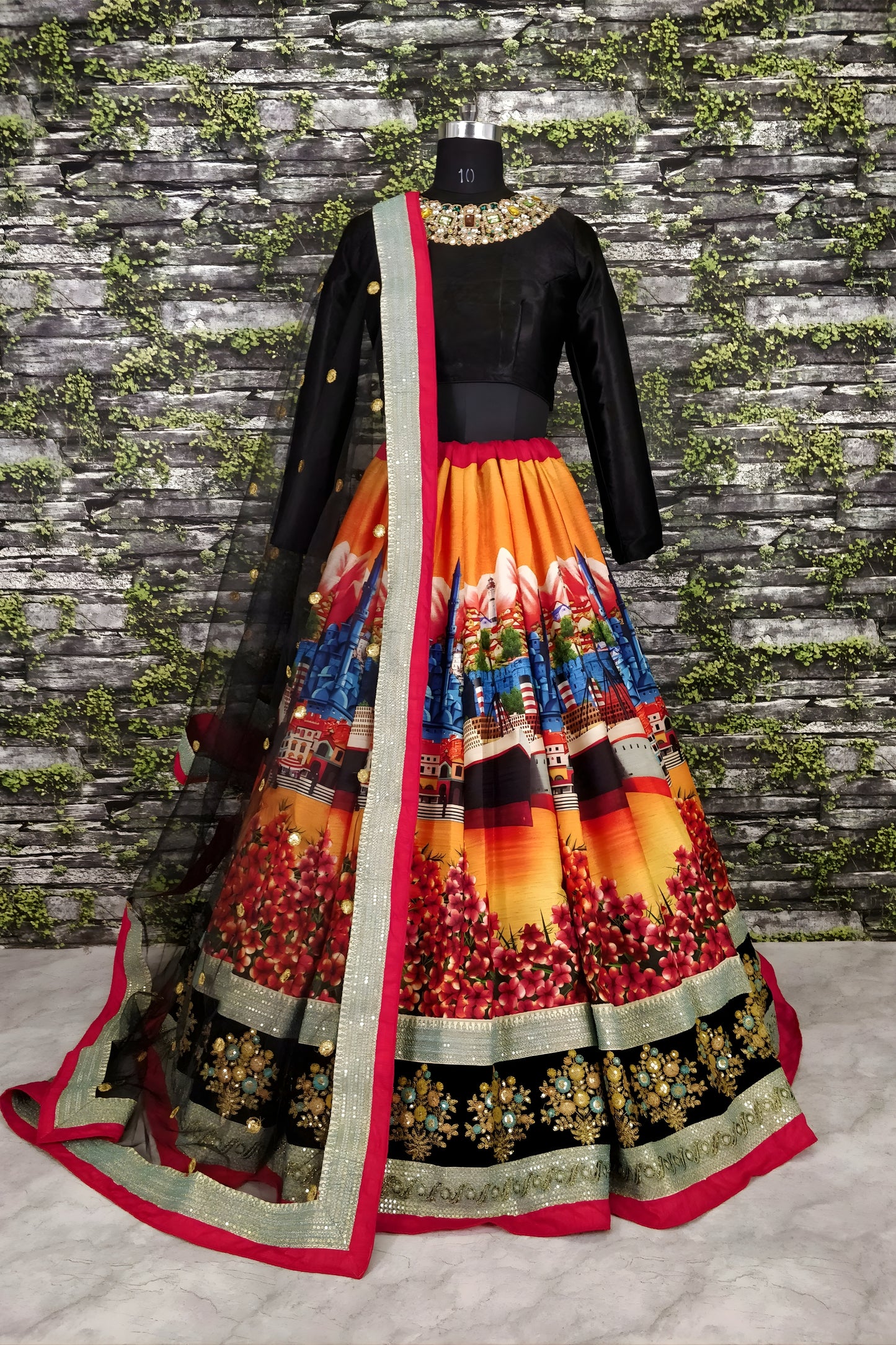 Designer Black Art Silk Digital Printed Lehenga Choli with Soft Net Dupatta