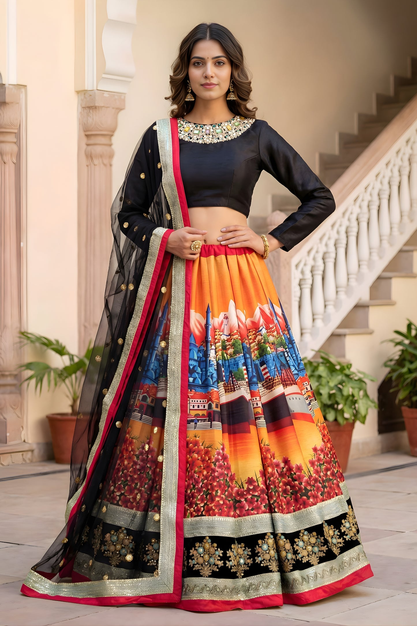 Designer Black Art Silk Digital Printed Lehenga Choli with Soft Net Dupatta
