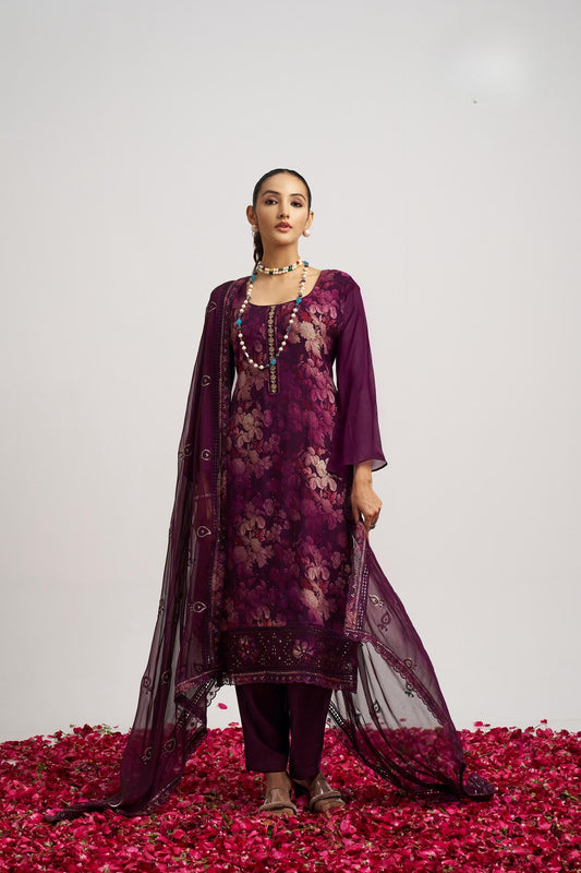 Elegant Purple Organza Embroidered Salwar Suit with Dupatta