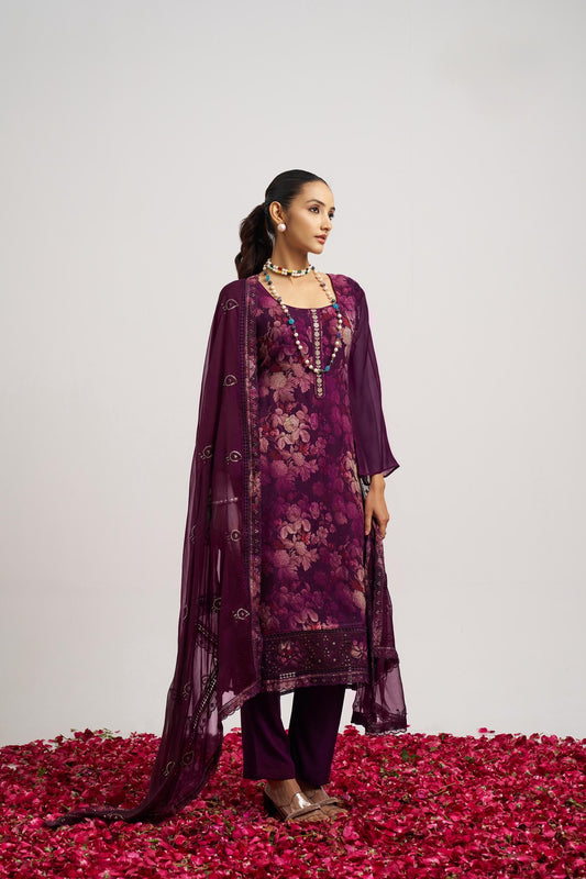 Elegant Purple Organza Embroidered Salwar Suit with Dupatta